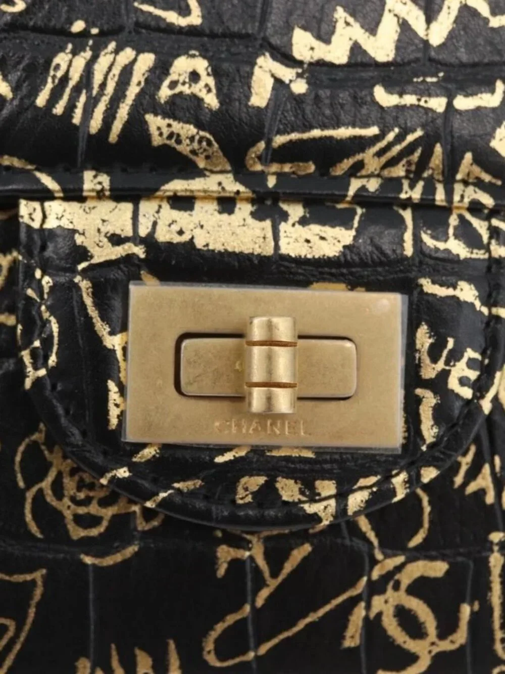 CHANEL 2.55 Long Wallet Croco Embossed Black Gold CC Auth 172450SAV